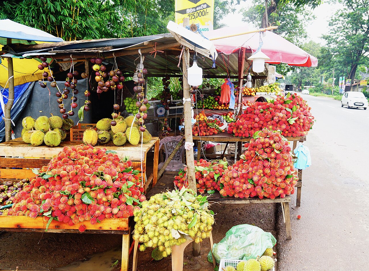 A roadside fruit stall stacked with bananas and king coconuts