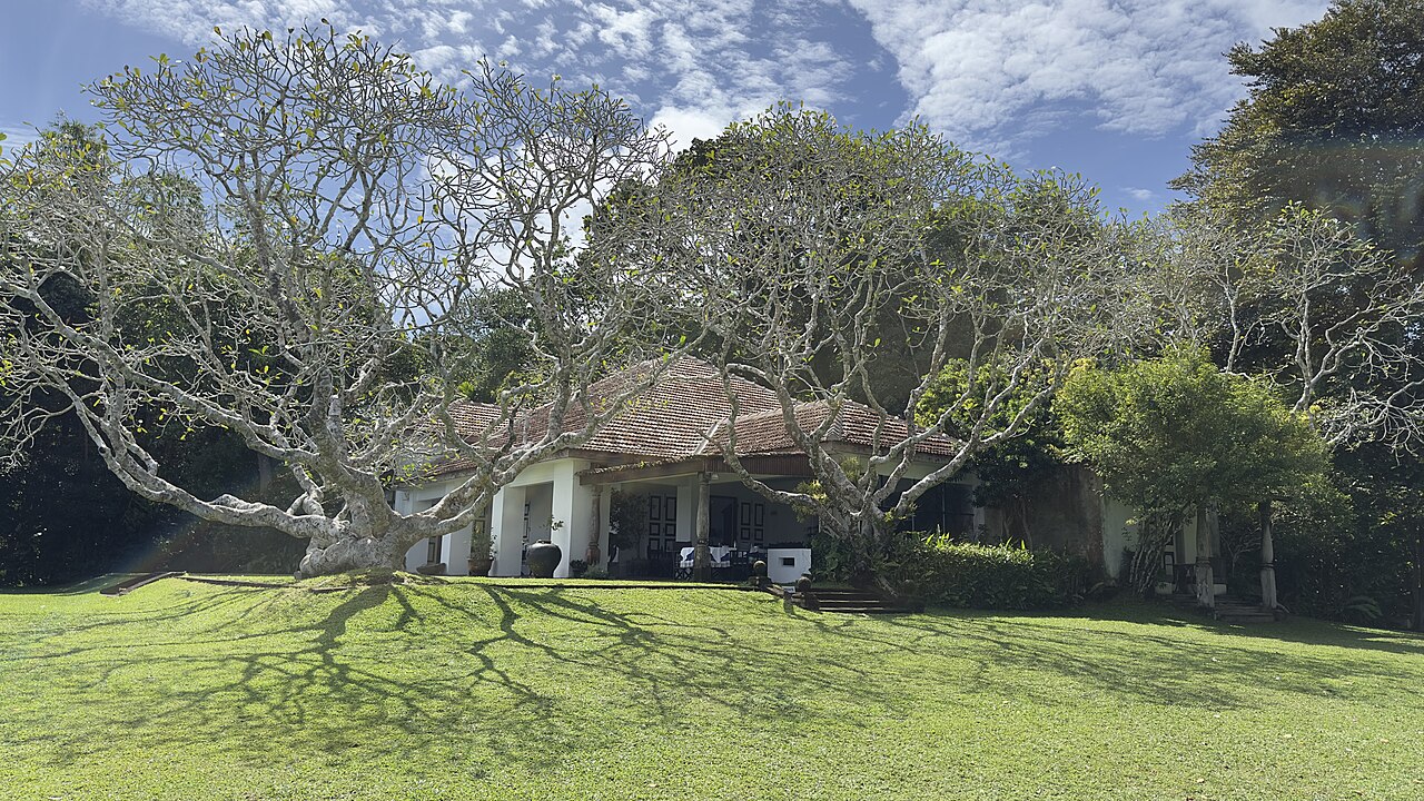 The bungalow at Lunuganga under its frangipani trees